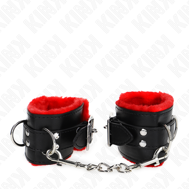 KINK - PELZGEFÜTTERTE HANDGELENKFESSELN MIT QUADRATISCHEN LÖCHERN, ROTER UND SCHWARZER GÜRTEL, VERSTELLBAR 17-29 CM X 6 CM – Bild 3