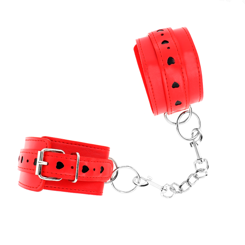 KINK - ROTE HANDGELENKSFESSELN MIT SCHWARZER HERZEINLAGE, VERSTELLBAR 21-28 CM X 5,5 CM – Bild 2