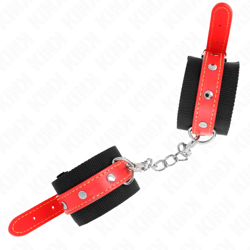 KINK - NYLON HANDGELENKFESSELN SCHWARZ MIT KUNSTLEDER ROT VERSTELLBAR 19-24 CM X 5,5 CM – Bild 3