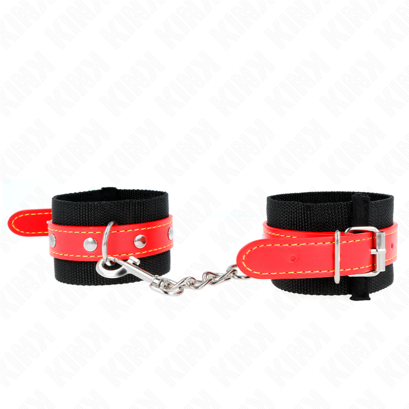 KINK - NYLON HANDGELENKFESSELN SCHWARZ MIT KUNSTLEDER ROT VERSTELLBAR 19-24 CM X 5,5 CM – Bild 2