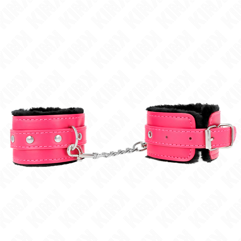 KINK - PREMIUM PELZGEFÜTTERTE HANDGELENKFESSELN SCHWARZ MIT HIMBEERROSEN-GÜRTEL VERSTELLBAR 17-29 CM X 6 CM – Bild 2