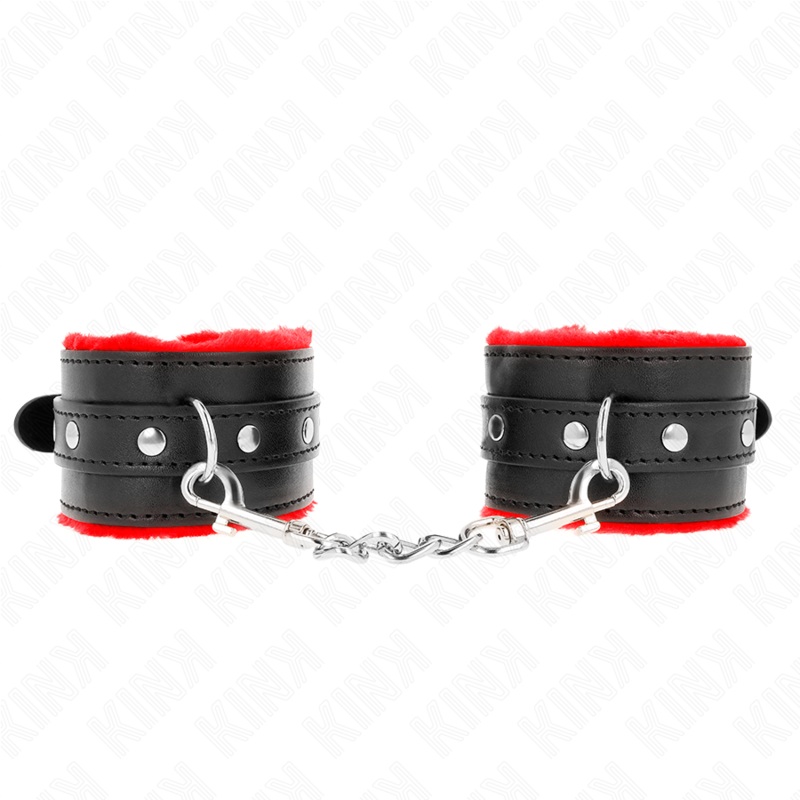 KINK - PREMIUM PELZGEFÜTTERTE HANDGELENKFESSELN ROT MIT SCHWARZEM GÜRTEL VERSTELLBAR 17-29 CM X 6 CM – Bild 2