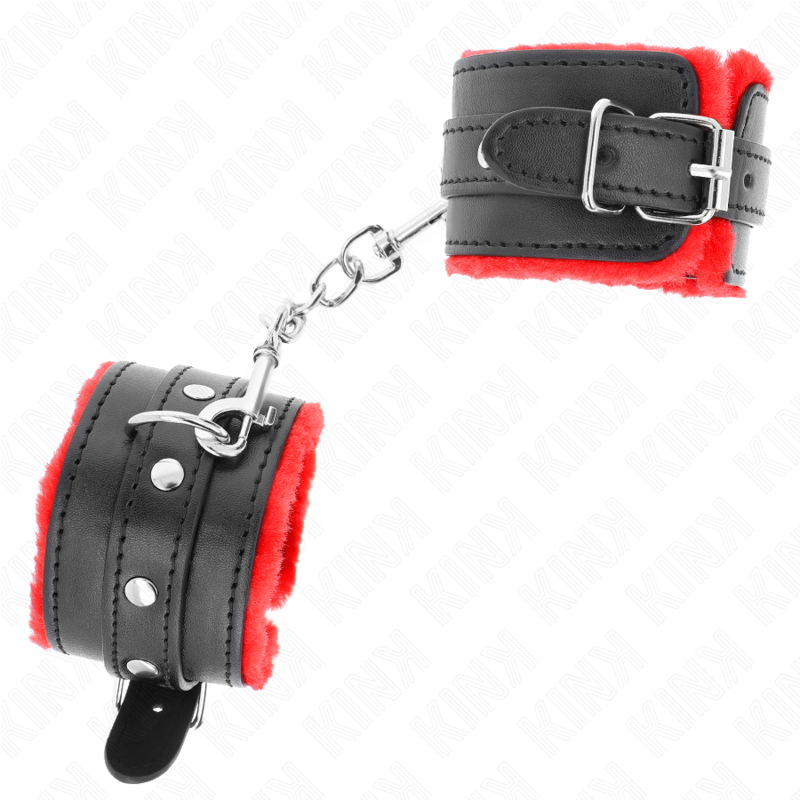 KINK - PREMIUM PELZGEFÜTTERTE HANDGELENKFESSELN ROT MIT SCHWARZEM GÜRTEL VERSTELLBAR 17-29 CM X 6 CM – Bild 3