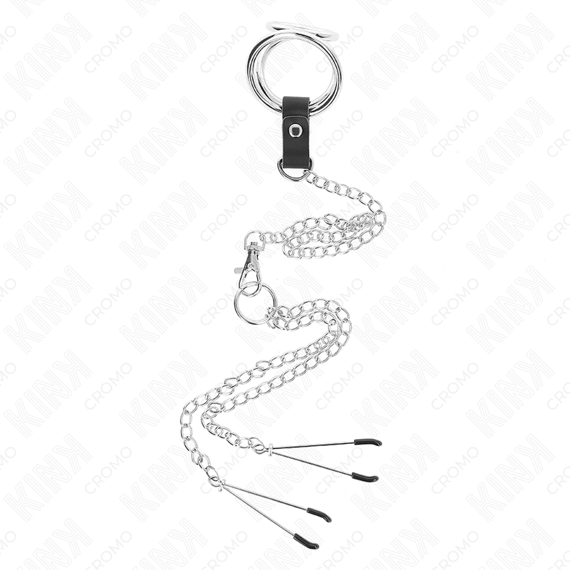 KINK - DREIFACH CHROM METALL PENISRING 3 CM BIS 4,5 CM MIT 26 CM METALLKETTE UND BRUSTKLAMMERN – Bild 3