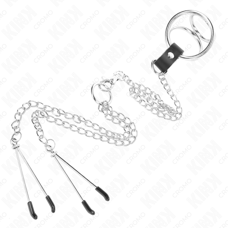 KINK - DREIFACH CHROM METALL PENISRING 3 CM BIS 4,5 CM MIT 26 CM METALLKETTE UND BRUSTKLAMMERN – Bild 4