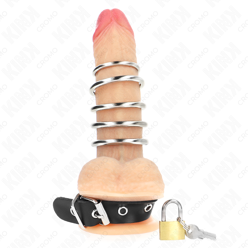 KINK - PENISRING AUS LEDER MIT VERSCHLUSSBAND 21 X 2 CM UND 5 METALLRINGEN VON 3 CM BIS 4 CM – Bild 2