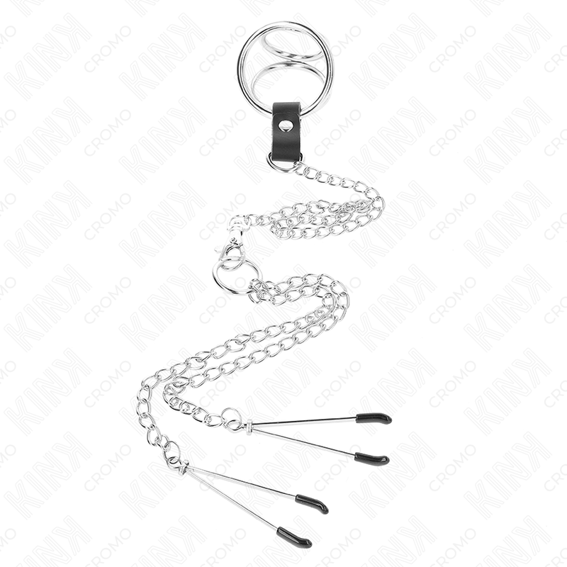 KINK - DREIFACH CHROM METALL PENISRING 3,8 CM BIS 5 CM MIT 26 CM METALLKETTE UND NIPPELKLEMMEN MODELL 2 – Bild 3