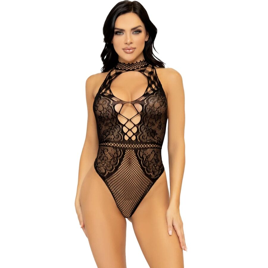 LEG AVENUE - NETZ- UND SPITZEN-SCHLÜSSELLOCH-HALTER-BODYS, EINHEITSGRÖSSE