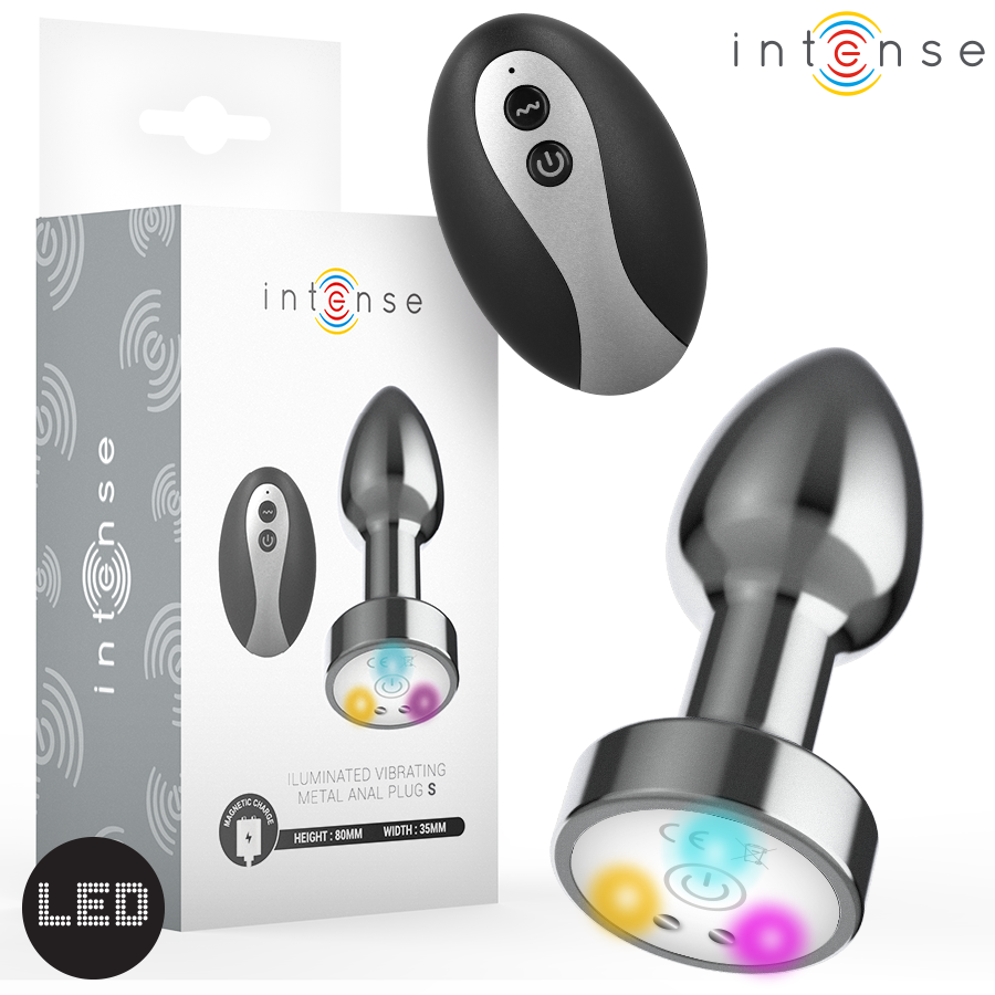 INTENSE - VIBRIERENDER ANALPLUG AUS METALL MIT LED-LEUCHTEN UND FERNBEDIENUNG - GRÖSSE S