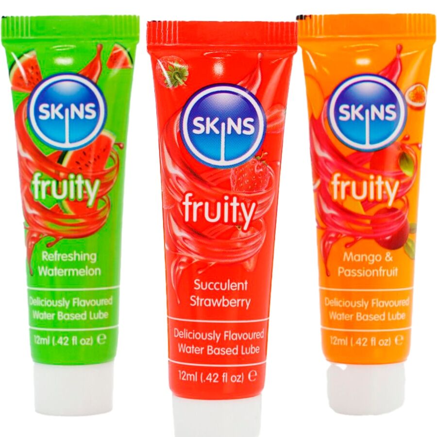 SKINS FRUCHTIGES GLEITMITTEL-SET WASSERMELONE, ERDBEERE MANGO GLEITMITTEL 3 x 12 ML – Bild 2
