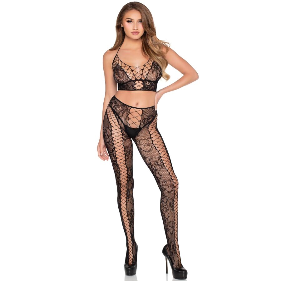 LEG AVENUE - 89368 NETZ- UND SPITZEN-CROP-TOP UND STRUMPFHOSE, SCHWARZ - EINHEITSGRÖSSE
