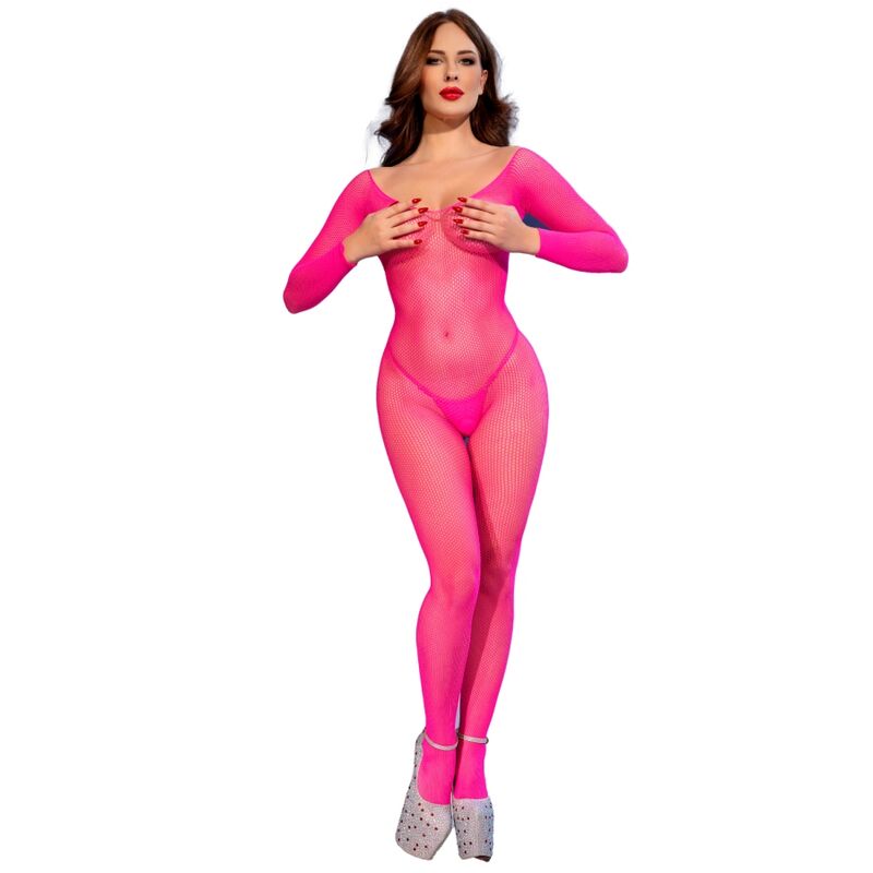 CHILIROSE - CR 4894 NEON PINK MESH BODYSTOCKING S/M